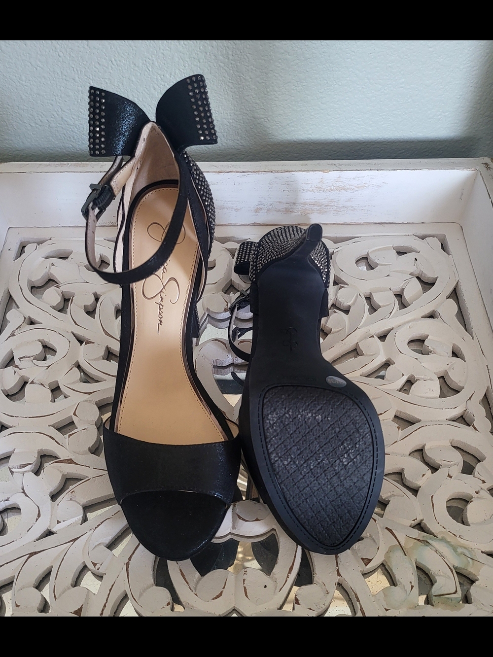 Jessica Simpson Black Open-Toe Bow Ankle-Strap Heels with Studs
